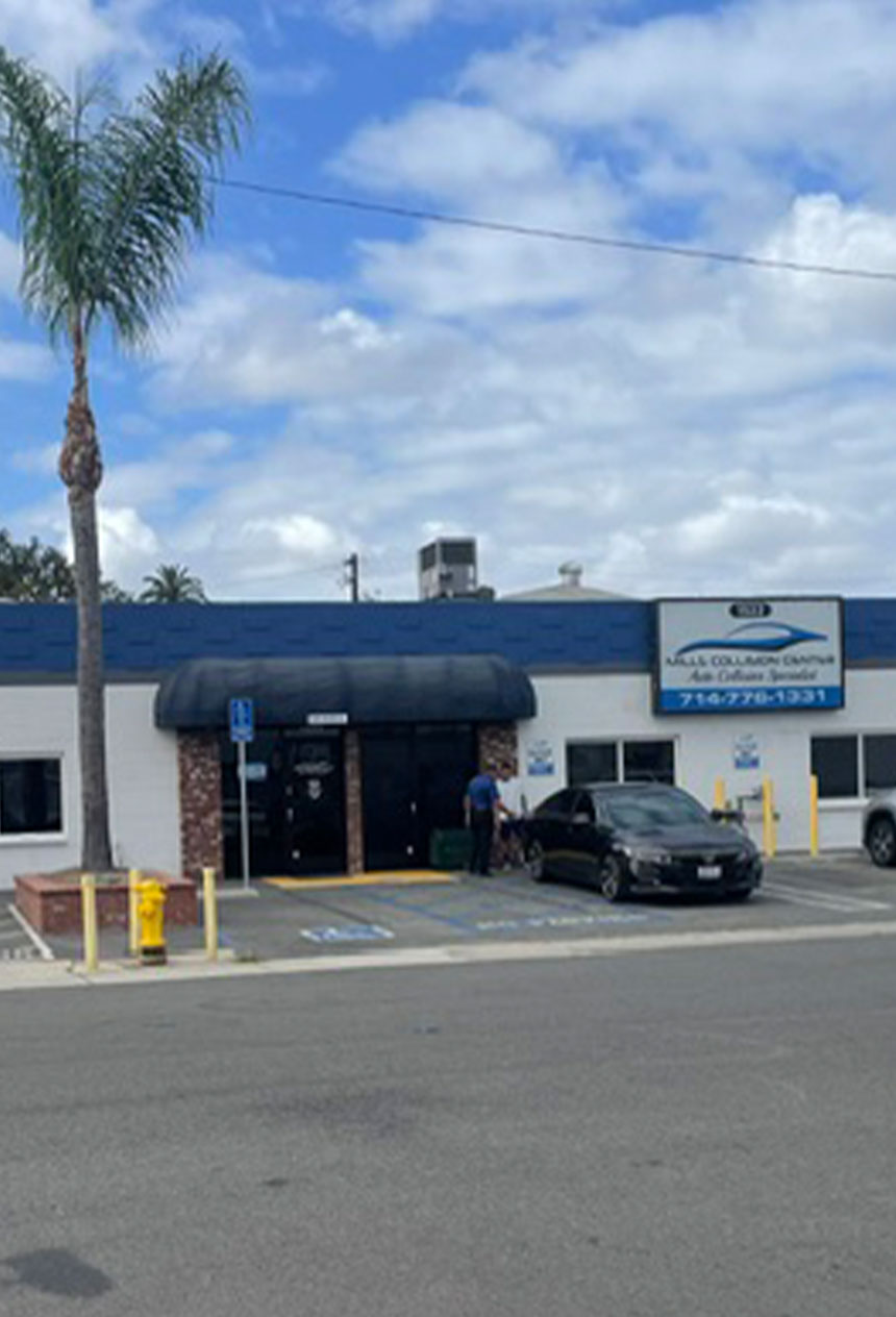 Mills Collision Center front entrance in Anaheim CA